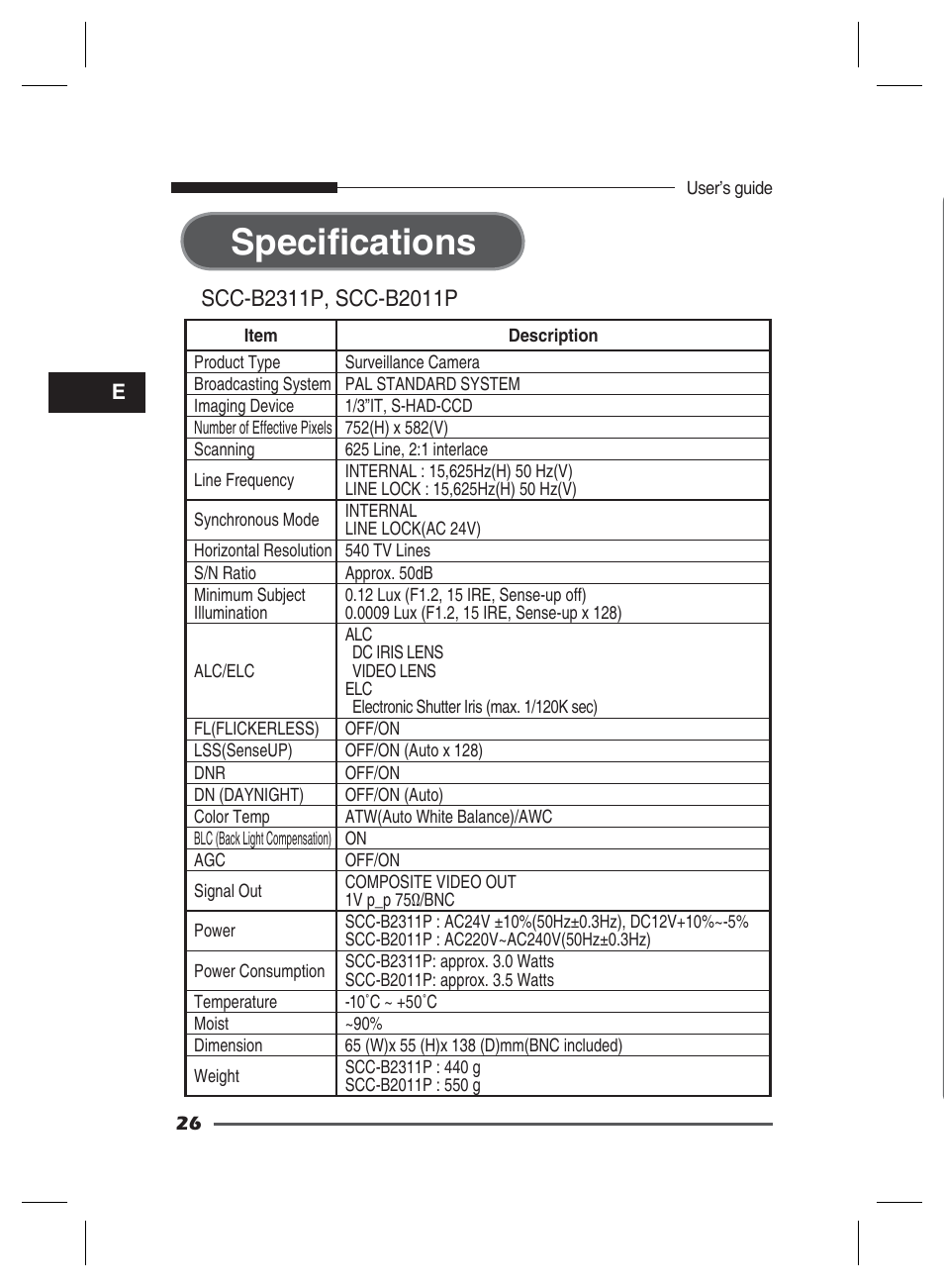 Specifications | Samsung SCC-B2311 User Manual | Page 26 / 28
