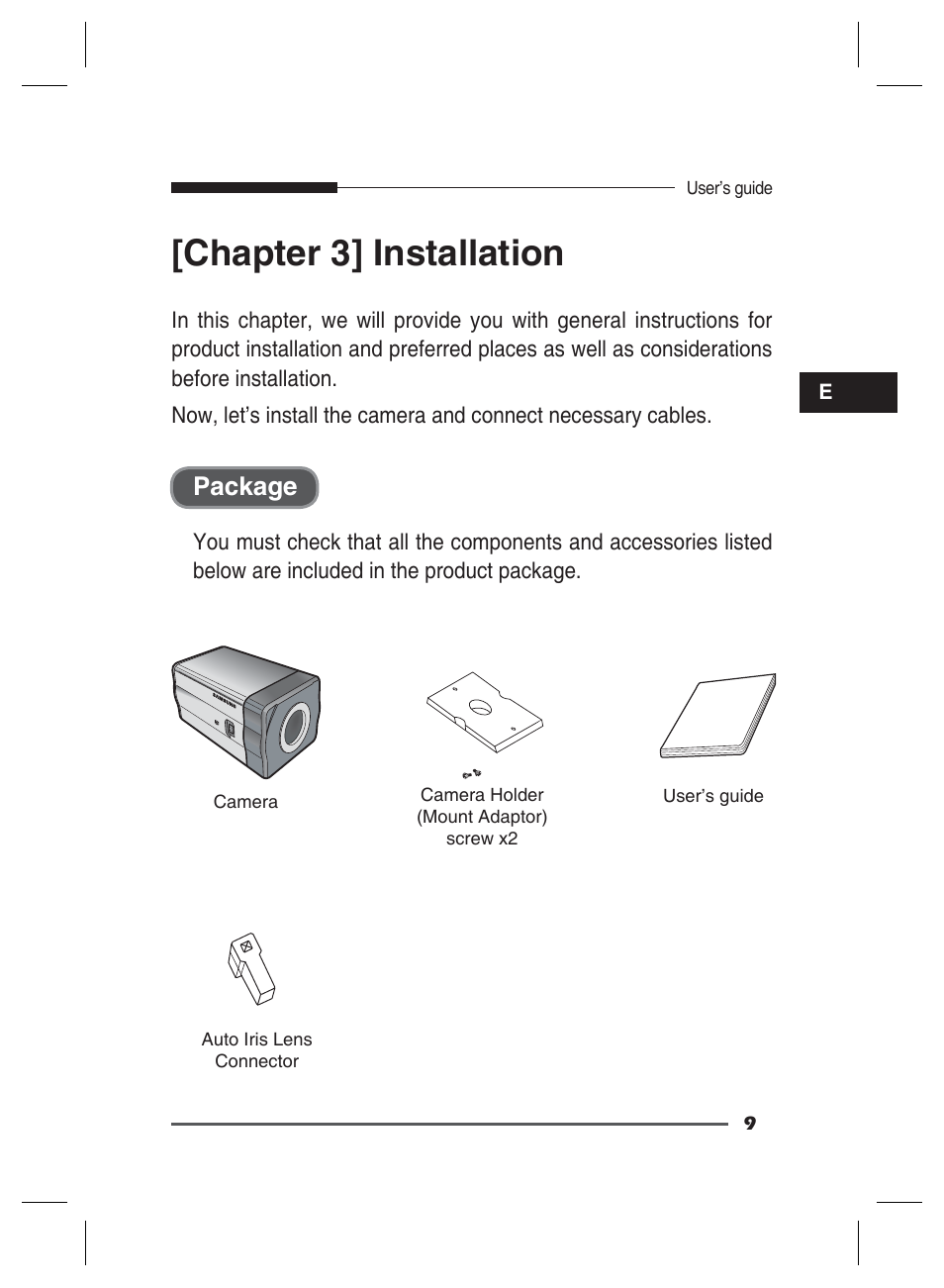 Chapter 3] installation, Package | Samsung SCC-B2311 User Manual | Page 9 / 28