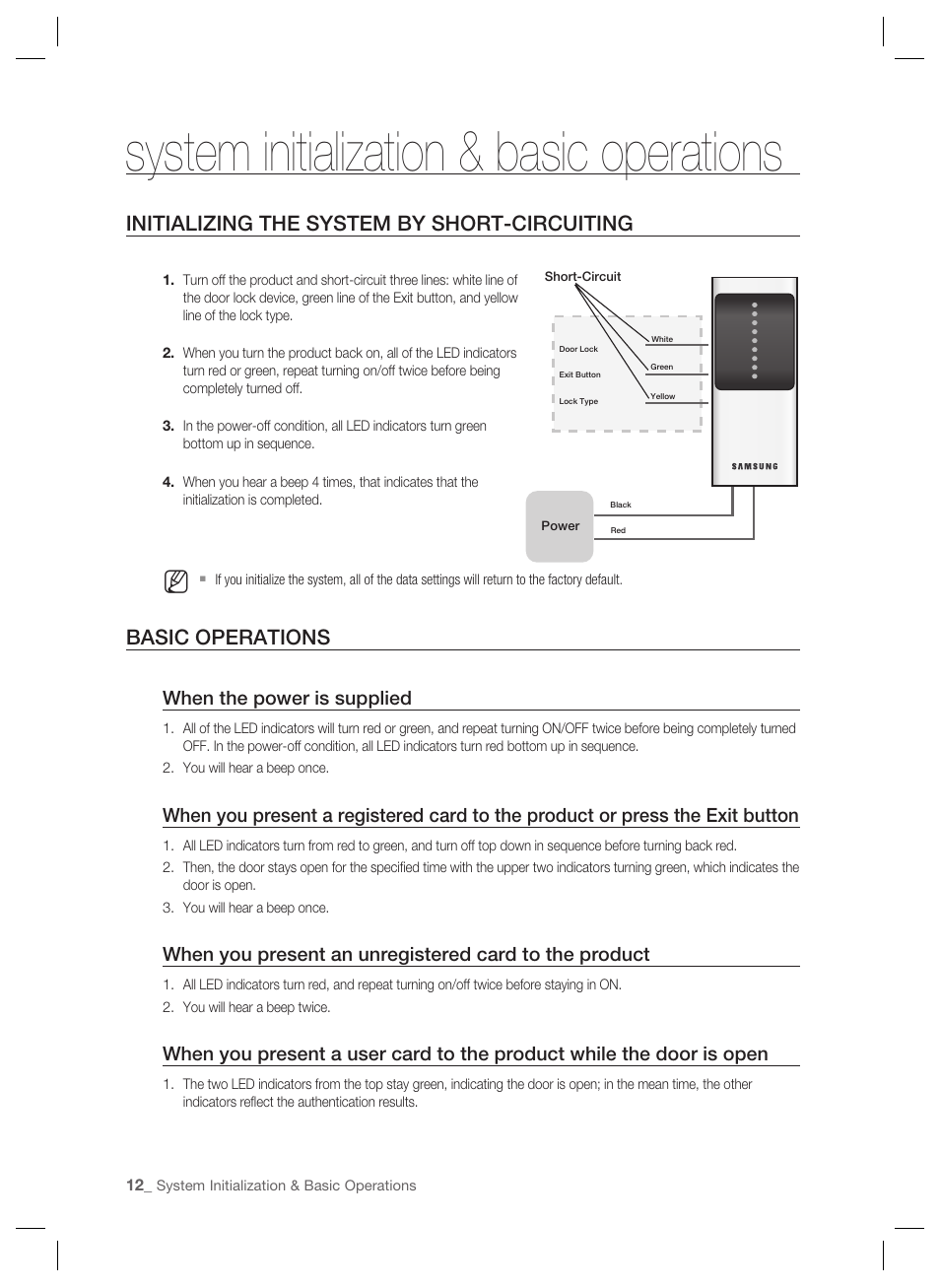 System initialization & basic operations, Initializing the system by short-circuiting, Basic operations | When the power is supplied | Samsung SSA-S1000 User Manual | Page 12 / 16