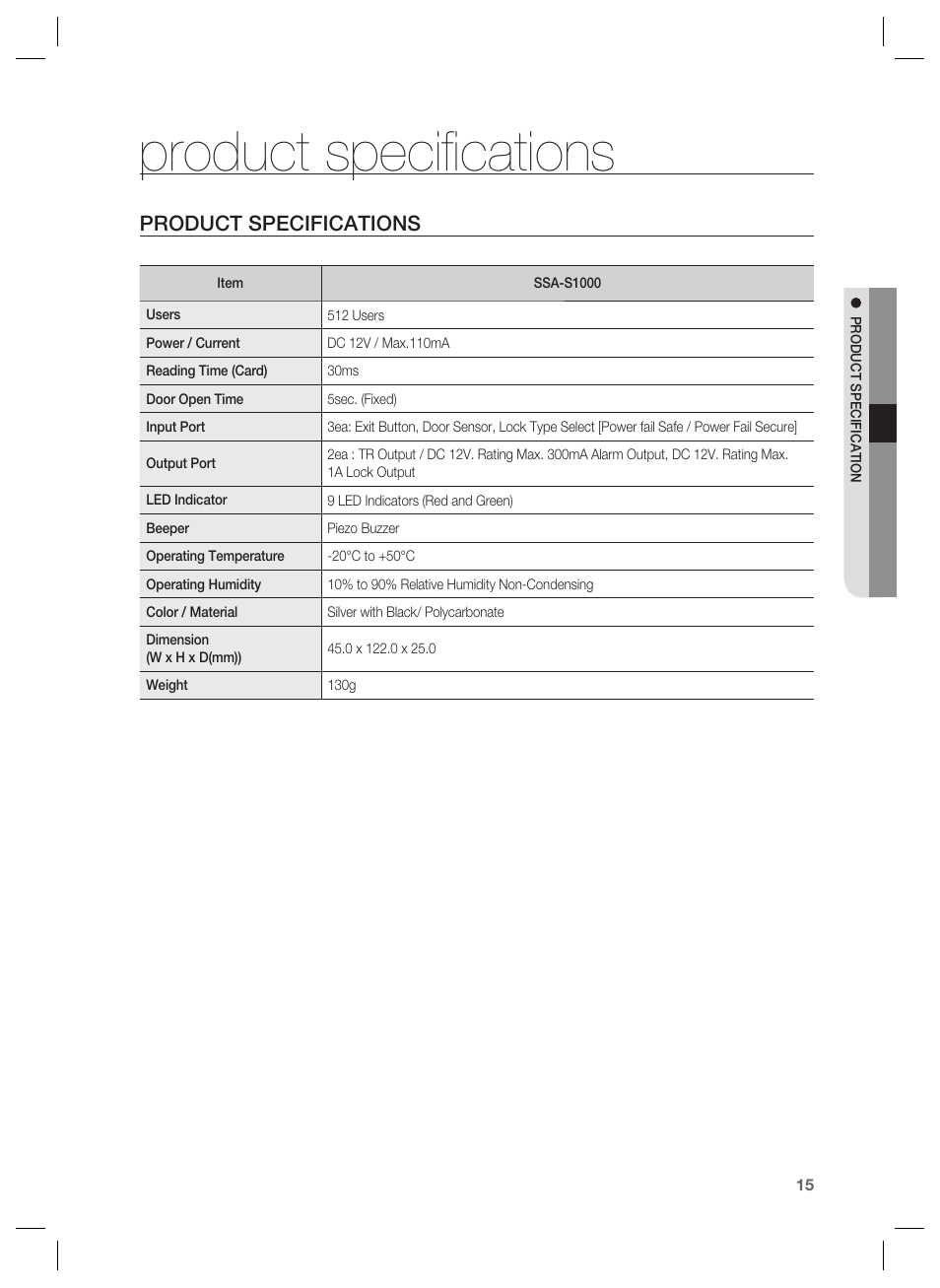 Product speciﬁ cations, Product specifications | Samsung SSA-S1000 User Manual | Page 15 / 16