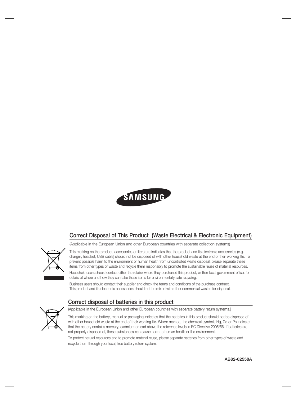 Correct disposal of batteries in this product | Samsung SSA-S1000 User Manual | Page 16 / 16