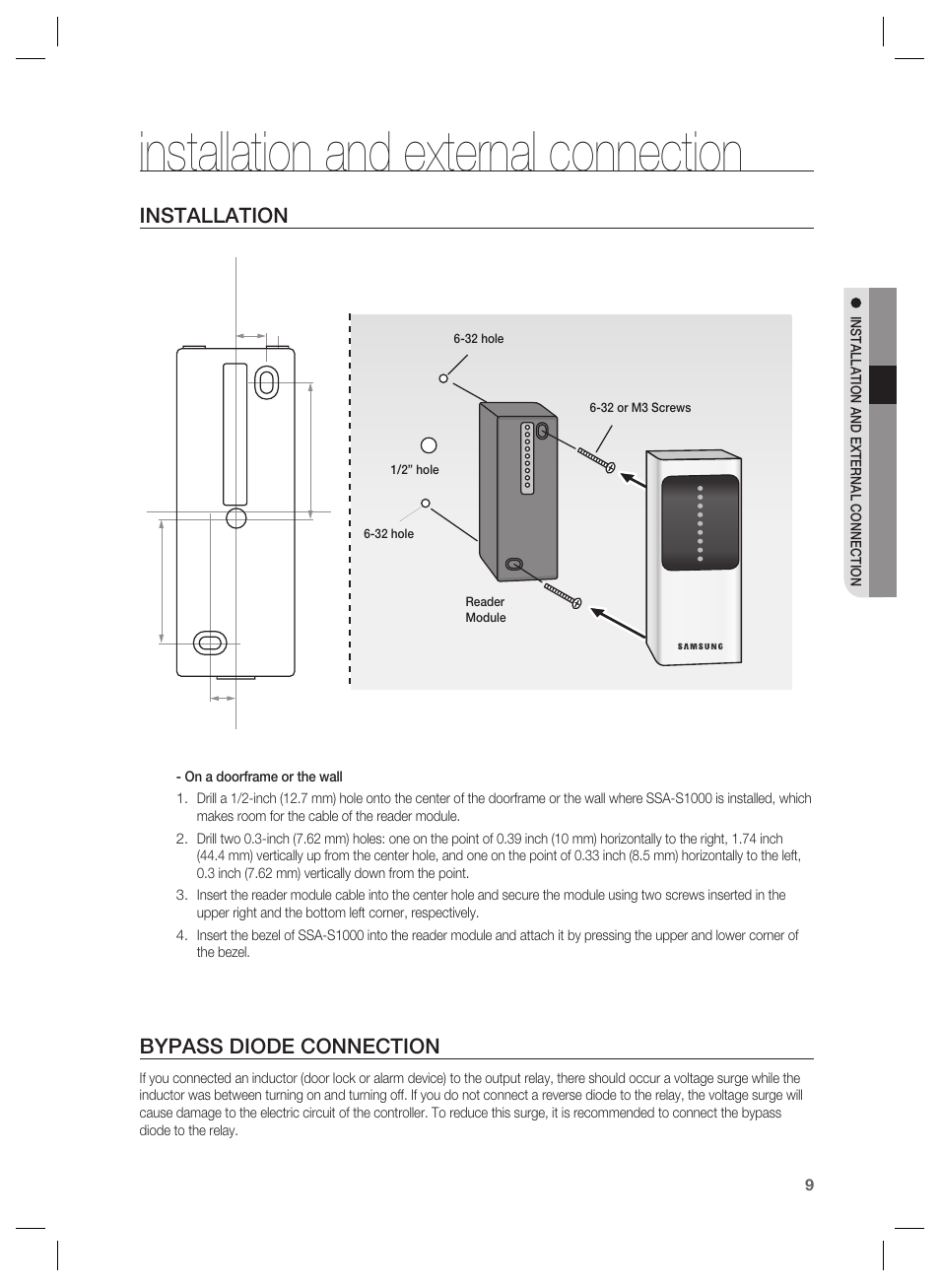 Installation and external connection, Installation, Bypass diode connection | Samsung SSA-S1000 User Manual | Page 9 / 16