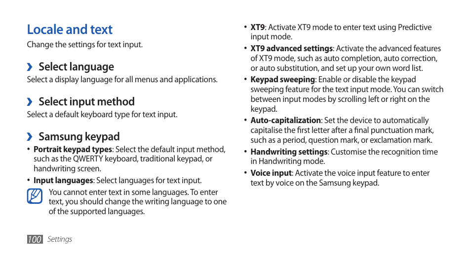 Locale and text, Select language, Select input method | Samsung keypad | Samsung GALAXY S YP-GS1 User Manual | Page 100 / 122