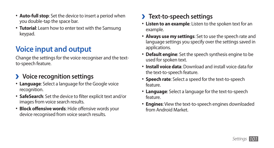 Voice input and output, Text-to-speech settings, Voice recognition settings | Samsung GALAXY S YP-GS1 User Manual | Page 101 / 122