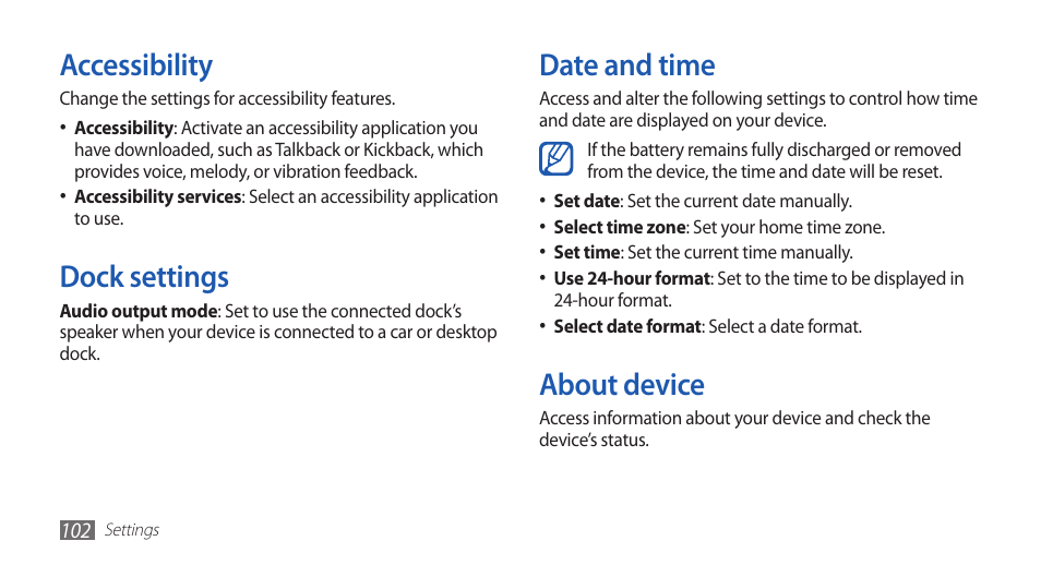 Accessibility, Dock settings, Date and time | About device | Samsung GALAXY S YP-GS1 User Manual | Page 102 / 122