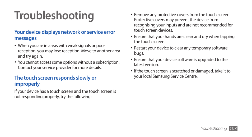 Troubleshooting | Samsung GALAXY S YP-GS1 User Manual | Page 103 / 122
