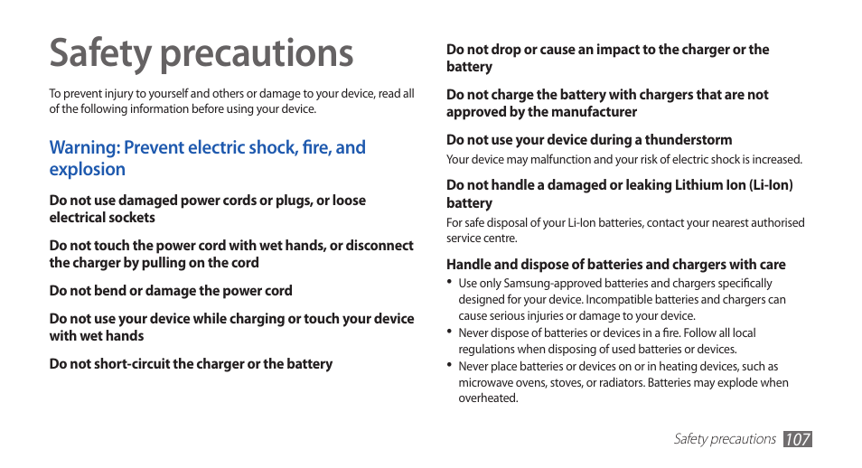 Safety precautions | Samsung GALAXY S YP-GS1 User Manual | Page 107 / 122