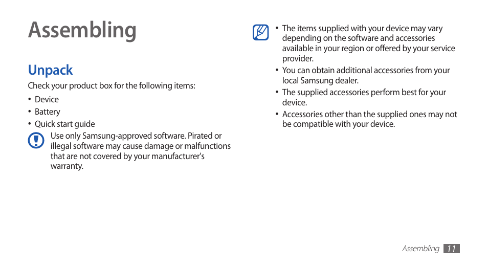 Assembling, Unpack | Samsung GALAXY S YP-GS1 User Manual | Page 11 / 122
