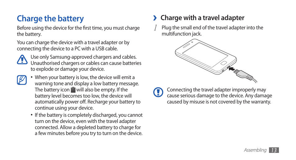 Charge the battery, Charge with a travel adapter | Samsung GALAXY S YP-GS1 User Manual | Page 13 / 122