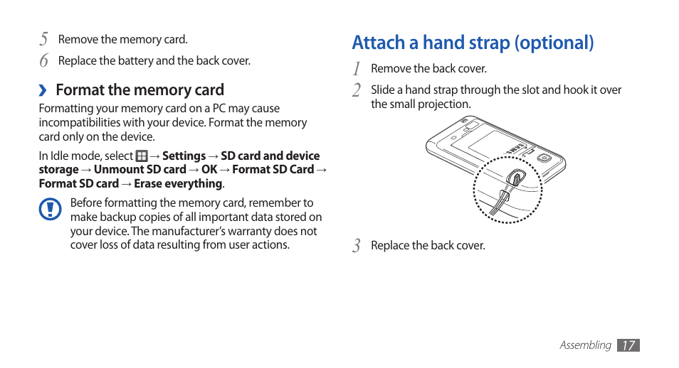 Attach a hand strap (optional) | Samsung GALAXY S YP-GS1 User Manual | Page 17 / 122
