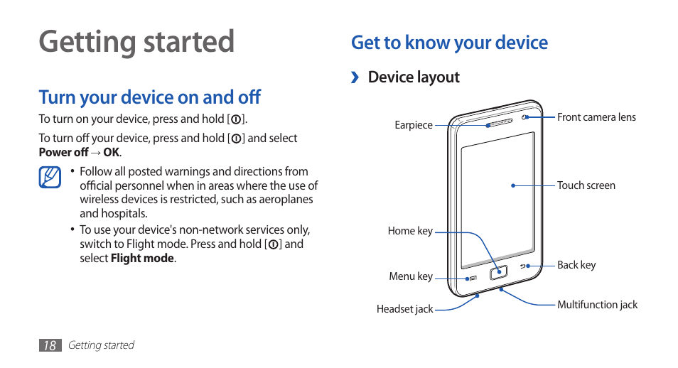 Getting started, Turn your device on and off, Get to know your device | Samsung GALAXY S YP-GS1 User Manual | Page 18 / 122