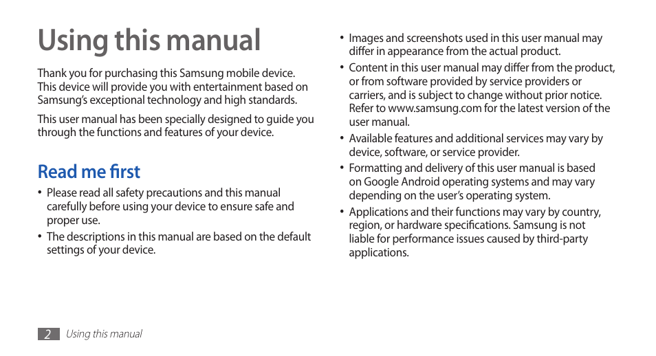 Using this manual, Read me first | Samsung GALAXY S YP-GS1 User Manual | Page 2 / 122