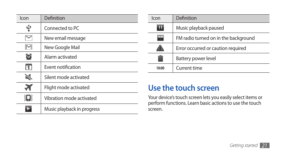 Use the touch screen | Samsung GALAXY S YP-GS1 User Manual | Page 21 / 122