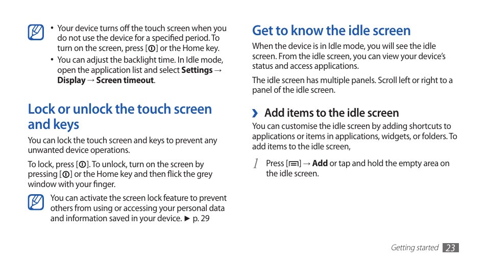 Lock or unlock the touch screen and keys, Get to know the idle screen, Add items to the idle screen | Samsung GALAXY S YP-GS1 User Manual | Page 23 / 122