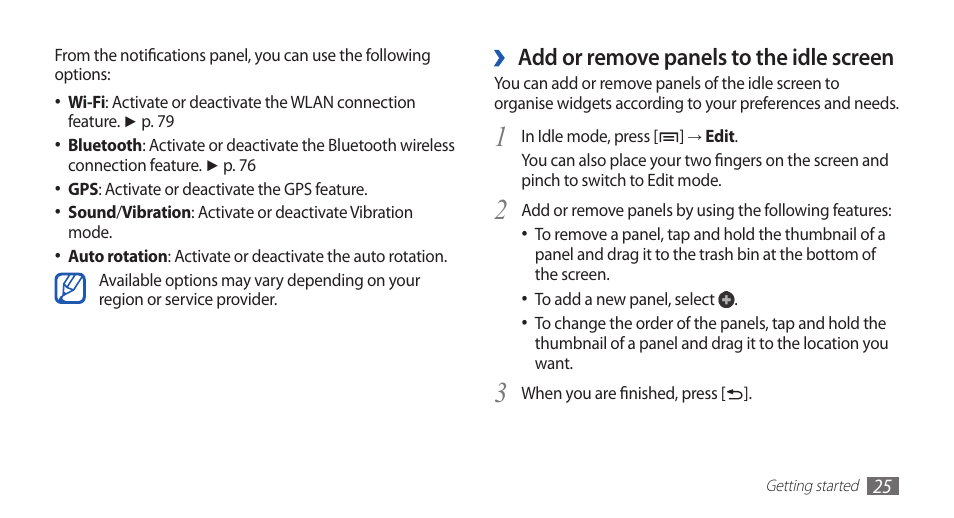 Add or remove panels to the idle screen | Samsung GALAXY S YP-GS1 User Manual | Page 25 / 122