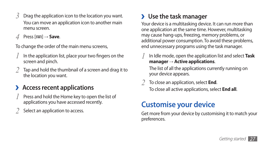 Customise your device | Samsung GALAXY S YP-GS1 User Manual | Page 27 / 122