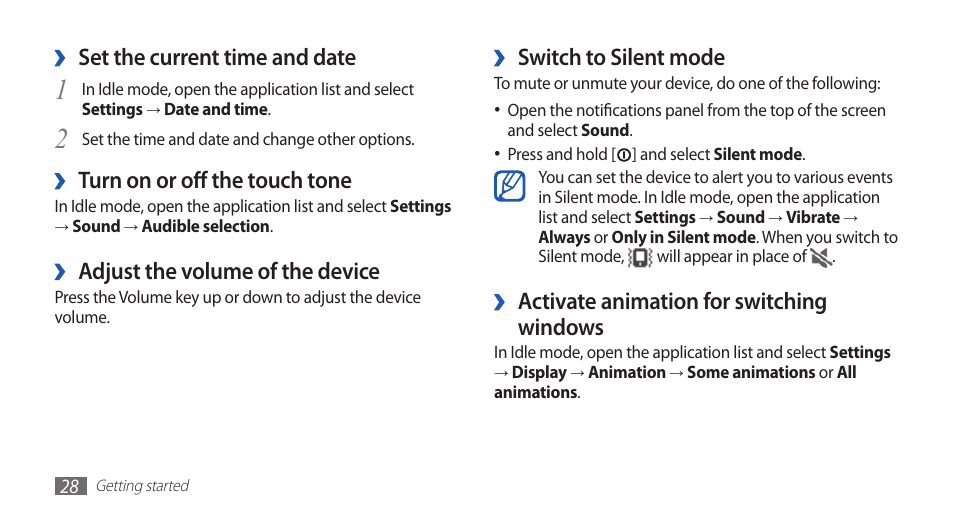 Switch to silent mode, Activate animation for switching, Windows | Set the current time and date, Turn on or off the touch tone, Adjust the volume of the device | Samsung GALAXY S YP-GS1 User Manual | Page 28 / 122