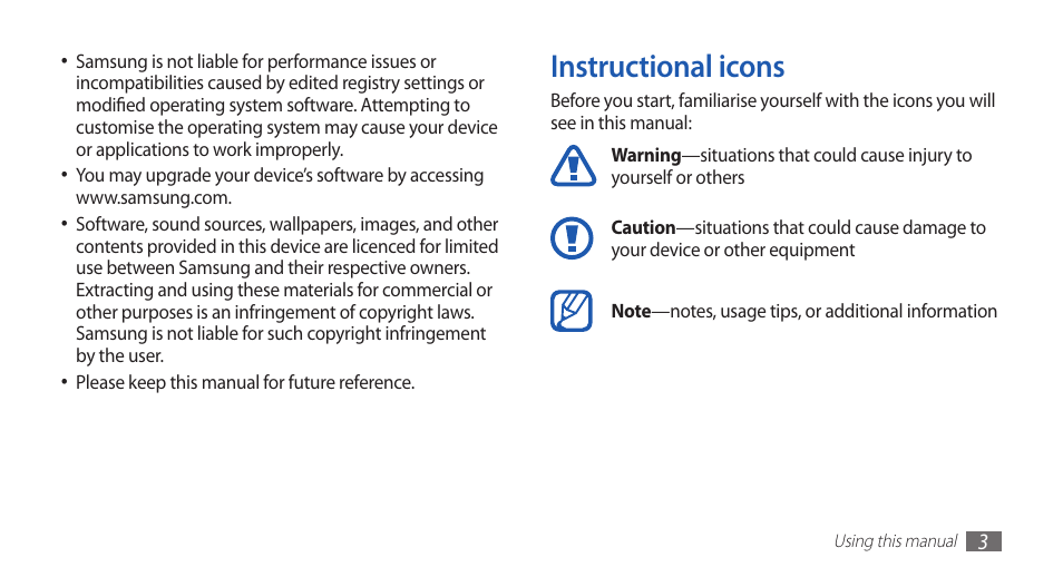 Instructional icons | Samsung GALAXY S YP-GS1 User Manual | Page 3 / 122