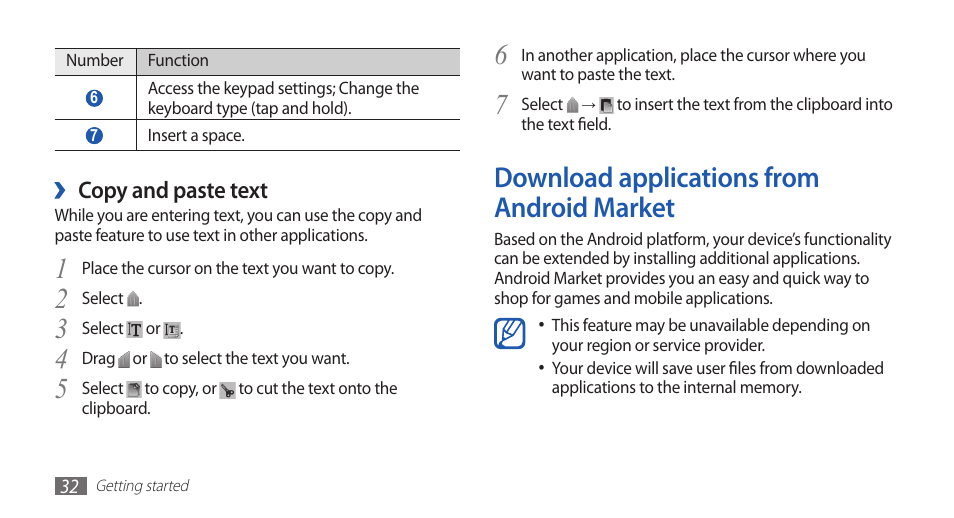 Download applications from android market, Download applications from android, Market | Samsung GALAXY S YP-GS1 User Manual | Page 32 / 122
