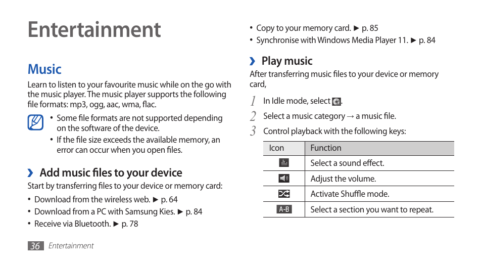 Entertainment, Music | Samsung GALAXY S YP-GS1 User Manual | Page 36 / 122