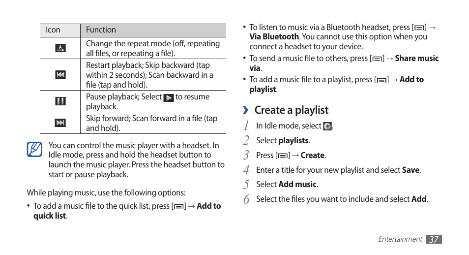 Create a playlist | Samsung GALAXY S YP-GS1 User Manual | Page 37 / 122