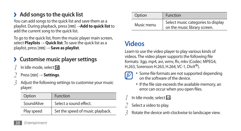 Videos, Add songs to the quick list, Customise music player settings | Samsung GALAXY S YP-GS1 User Manual | Page 38 / 122