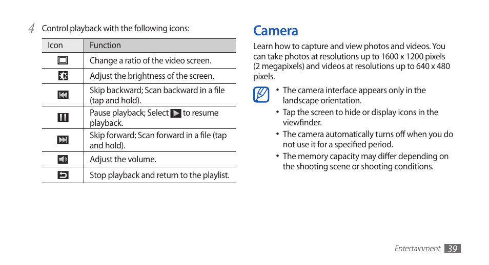 Camera | Samsung GALAXY S YP-GS1 User Manual | Page 39 / 122