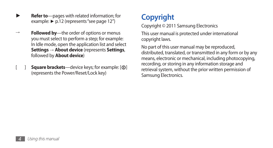 Copyright | Samsung GALAXY S YP-GS1 User Manual | Page 4 / 122