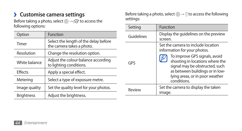Customise camera settings | Samsung GALAXY S YP-GS1 User Manual | Page 44 / 122