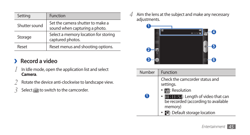 Record a video | Samsung GALAXY S YP-GS1 User Manual | Page 45 / 122