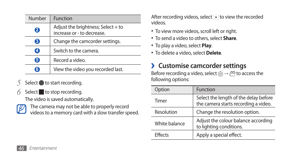 Customise camcorder settings | Samsung GALAXY S YP-GS1 User Manual | Page 46 / 122