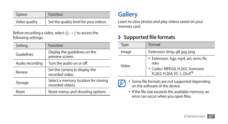 Gallery, Supported file formats | Samsung GALAXY S YP-GS1 User Manual | Page 47 / 122