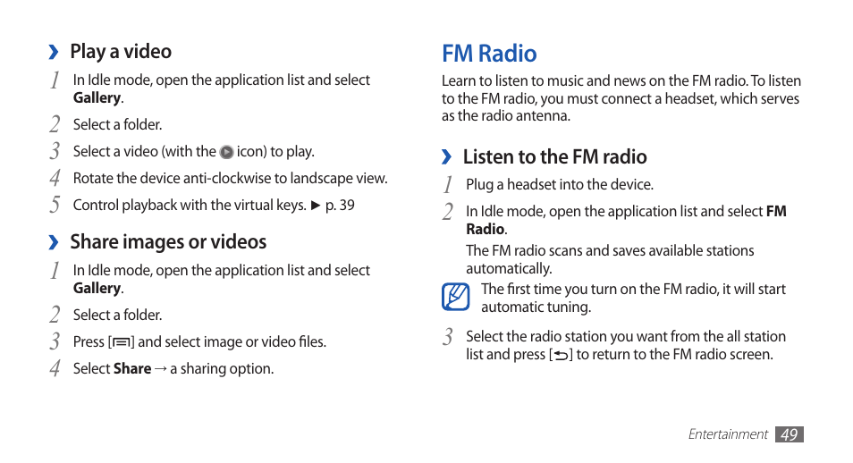 Fm radio | Samsung GALAXY S YP-GS1 User Manual | Page 49 / 122