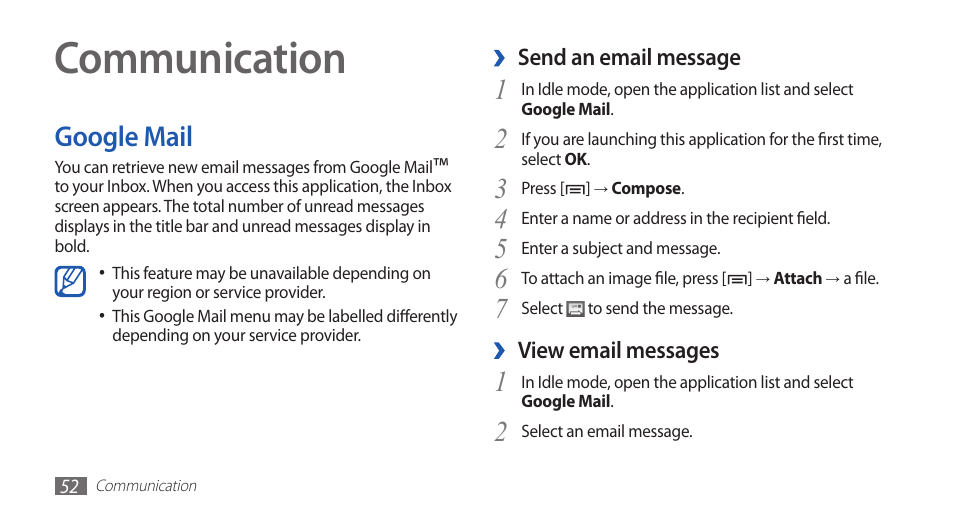 Communication, Google mail | Samsung GALAXY S YP-GS1 User Manual | Page 52 / 122