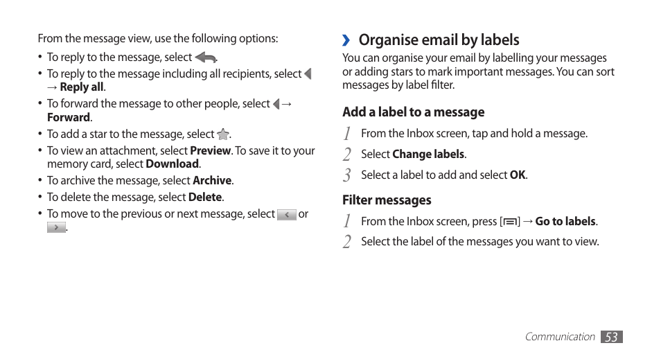 Organise email by labels | Samsung GALAXY S YP-GS1 User Manual | Page 53 / 122