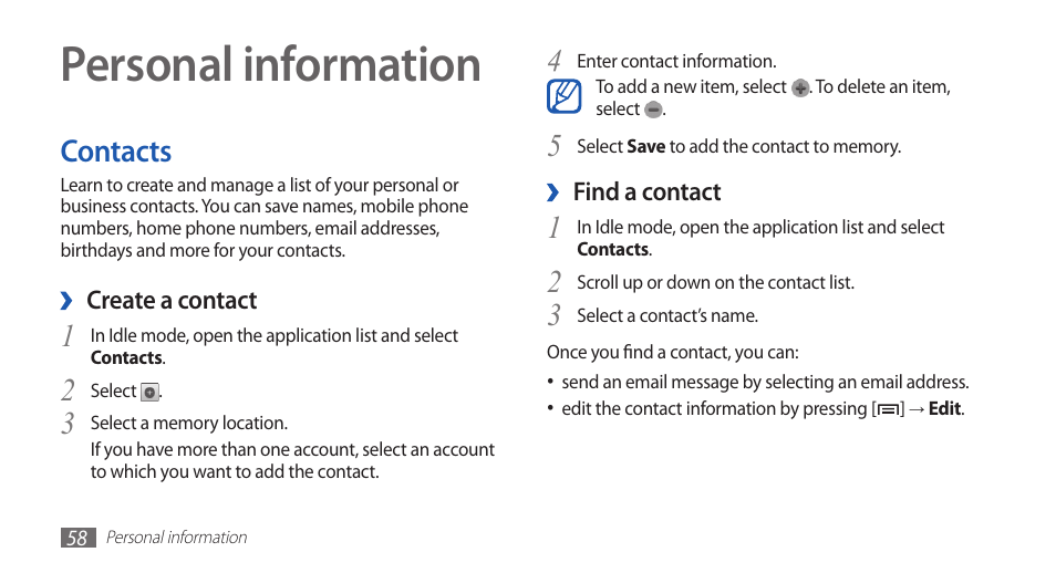 Personal information, Contacts | Samsung GALAXY S YP-GS1 User Manual | Page 58 / 122