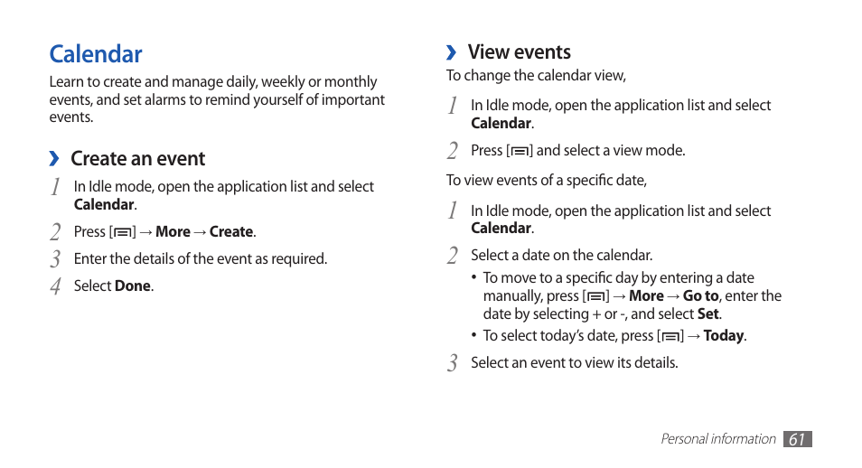 Calendar, 3calendar | Samsung GALAXY S YP-GS1 User Manual | Page 61 / 122