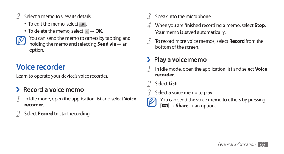 Voice recorder | Samsung GALAXY S YP-GS1 User Manual | Page 63 / 122