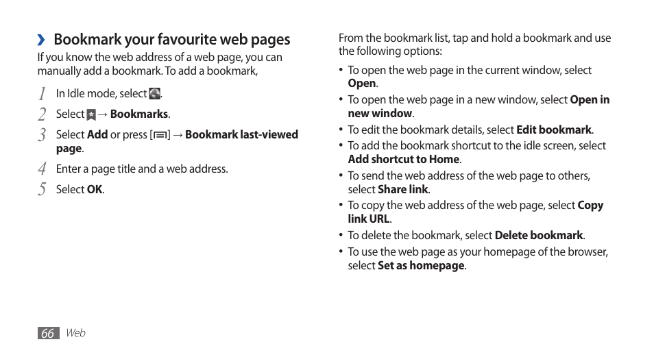 Bookmark your favourite web pages | Samsung GALAXY S YP-GS1 User Manual | Page 66 / 122