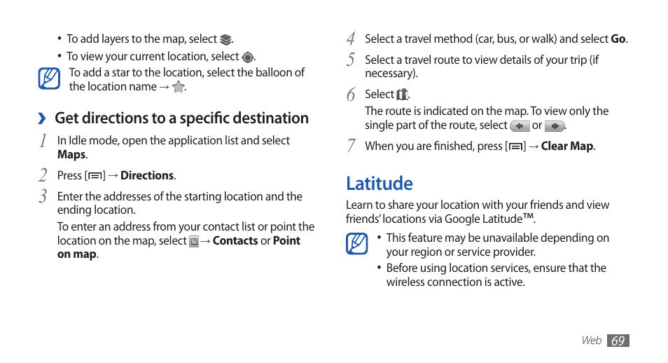 Latitude, Get directions to a specific destination | Samsung GALAXY S YP-GS1 User Manual | Page 69 / 122