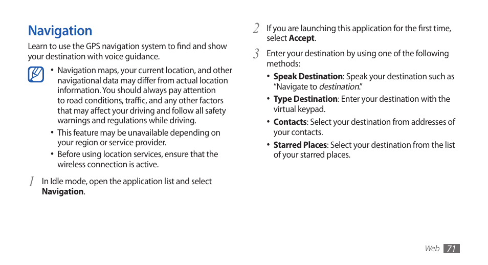 Navigation | Samsung GALAXY S YP-GS1 User Manual | Page 71 / 122