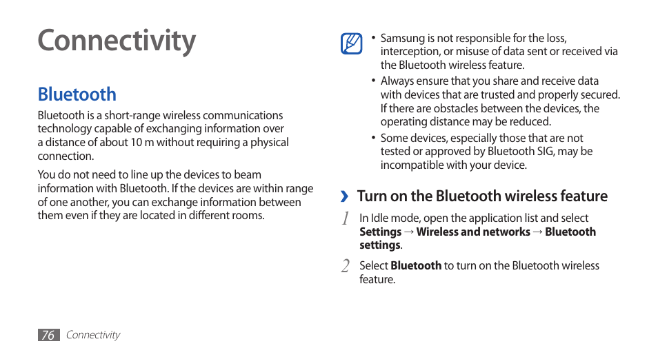 Connectivity, Bluetooth | Samsung GALAXY S YP-GS1 User Manual | Page 76 / 122