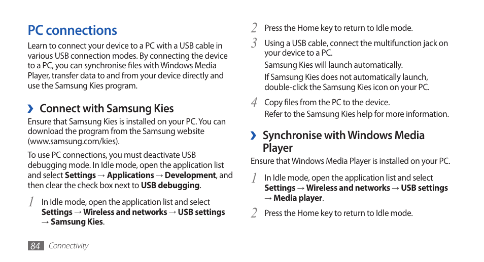 Pc connections, 2pc connections, Synchronise with windows media player | Connect with samsung kies | Samsung GALAXY S YP-GS1 User Manual | Page 84 / 122