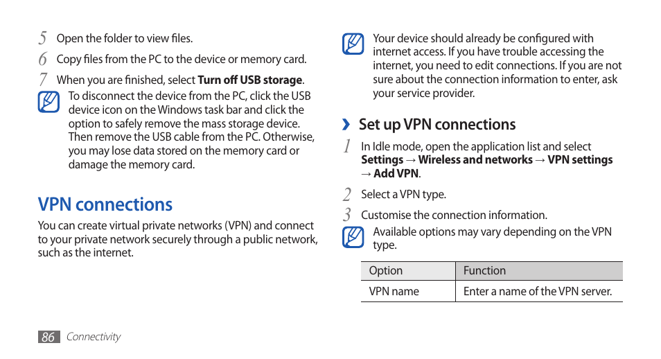 Vpn connections, Set up vpn connections | Samsung GALAXY S YP-GS1 User Manual | Page 86 / 122