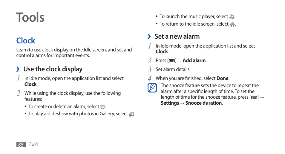 Tools, Clock | Samsung GALAXY S YP-GS1 User Manual | Page 88 / 122