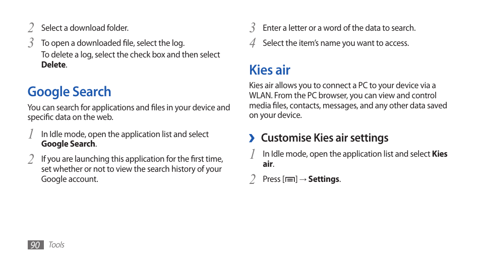 Google search, Kies air, 4kies air | Samsung GALAXY S YP-GS1 User Manual | Page 90 / 122