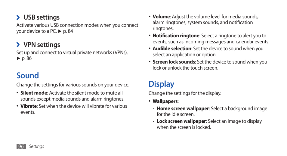 Sound, Display, Sound display | Usb settings, Vpn settings | Samsung GALAXY S YP-GS1 User Manual | Page 96 / 122