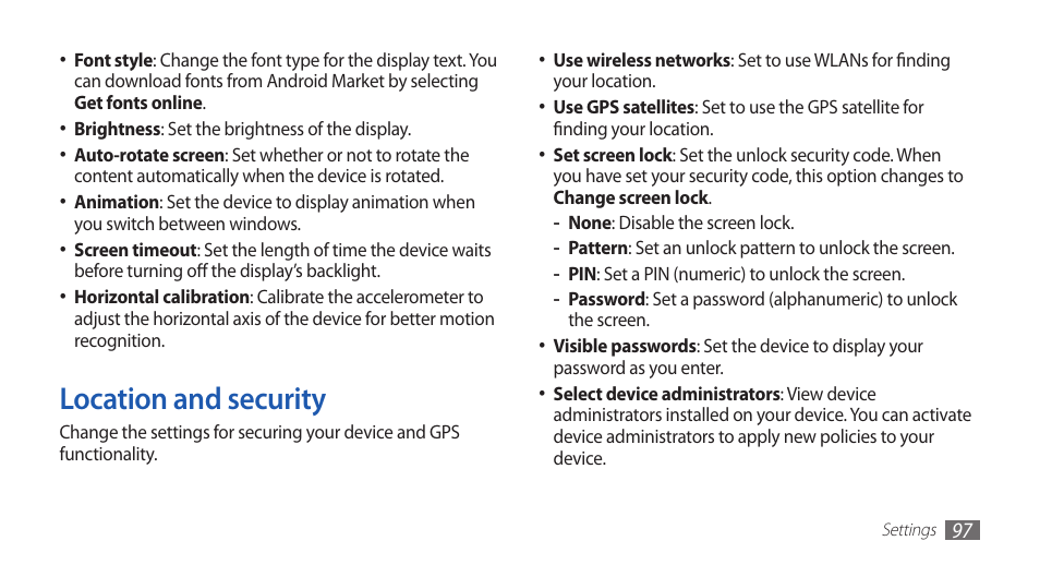 Location and security | Samsung GALAXY S YP-GS1 User Manual | Page 97 / 122