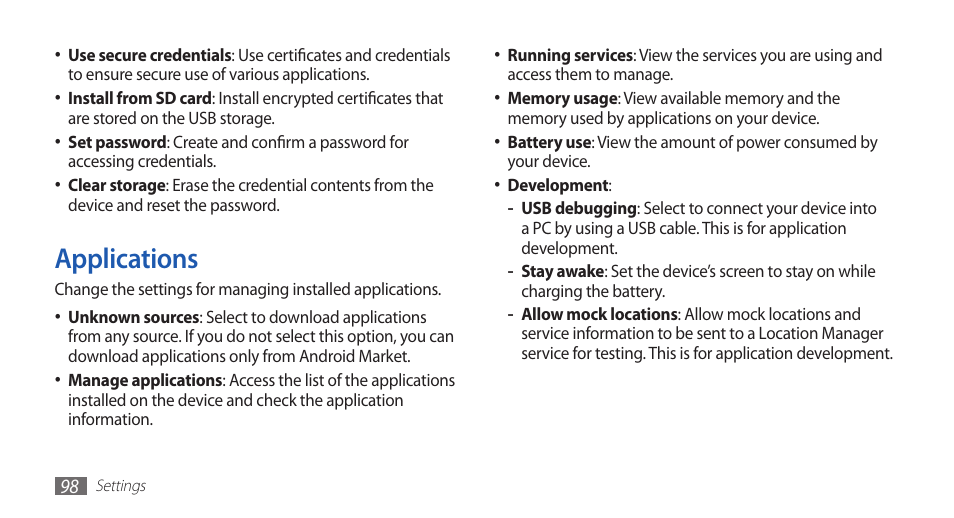 Applications | Samsung GALAXY S YP-GS1 User Manual | Page 98 / 122