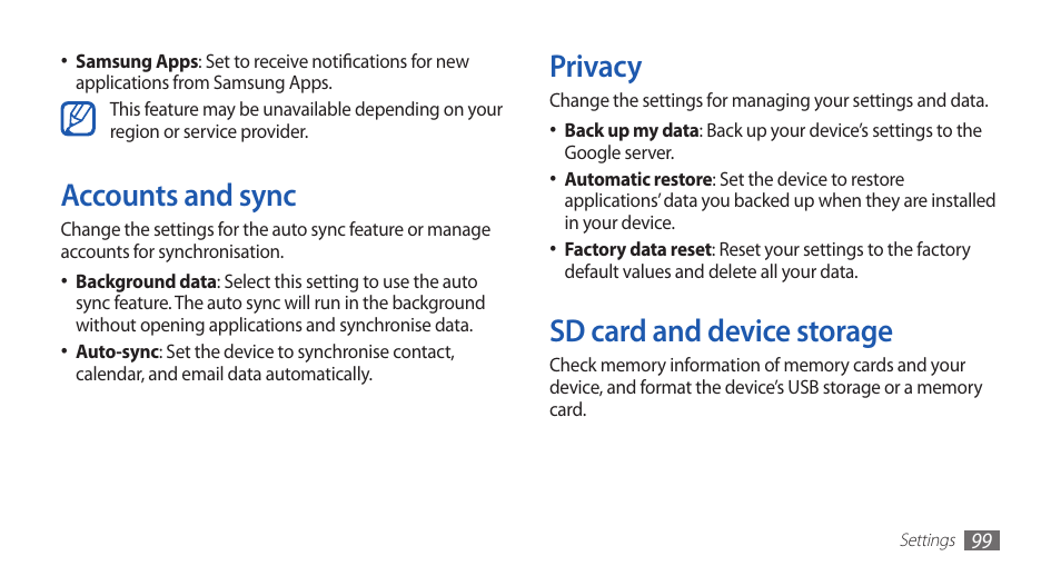 Accounts and sync, Privacy, Sd card and device storage | Samsung GALAXY S YP-GS1 User Manual | Page 99 / 122